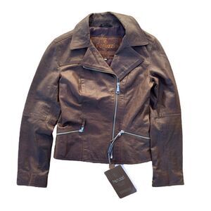 Peruzzi Vera Pelle Leather Italian Made Moto Style Jacket Brown Women's 2